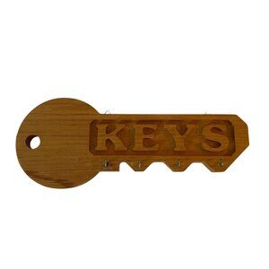 Wood Key Shape Keys Hanger Vintage Wall Mount Brass Hooks 11.75" Rustic 1970's